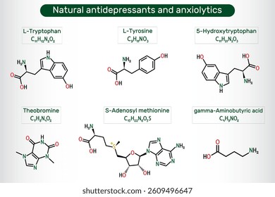 Natural antidepressants and anxiolytics. 5-Hydroxytryptophan, L-Tryptophan, Theobromine, L-Tyrosine, S-Adenosyl methionine, GABA molecule. Vector scientific illustration