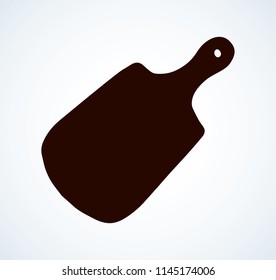 Natural antique grunge timber hardboard shape on white paper backdrop. Dark ink hand drawn home cuisine object device logotype emblem insignia in retro contour engraved print style on space for text