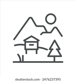Natural Apiary Icon. Simple Line Illustration of an Apiary in a Mountainous Landscape with Trees and Sun, Symbolizing Natural Beekeeping.