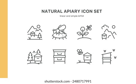 Natural Apiary Vector Icons Set. Beehives, Bees, Flowers, Mountain Apiaries, Forest Beekeeping, and Pollination. Editable Linear Collection.