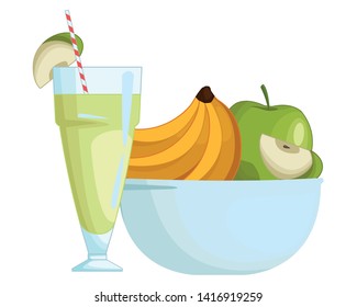 Natural apple juice cup and fruits in bowl vector illustration graphic design
