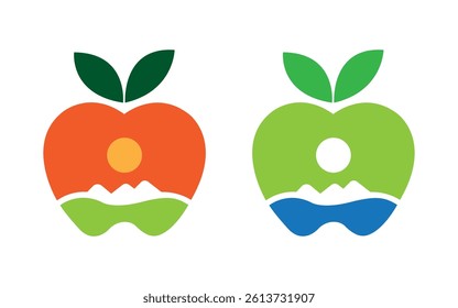 Natural Apple or mountain sun logo Design Peach icon vector