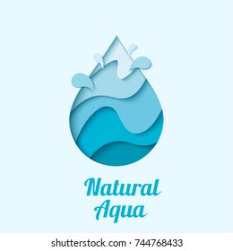 Natural aqua - water drop logo design template. Vector abstract waterdrop with splash paper cut style logotype. Save water - ecology concept.