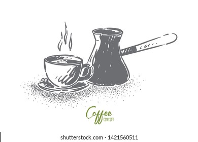 Natural arabic coffee preparation equipment, cup with hot beverage and cezve, copper pot with long handle. Traditional turkish energy drink making concept sketch. Hand drawn vector illustration