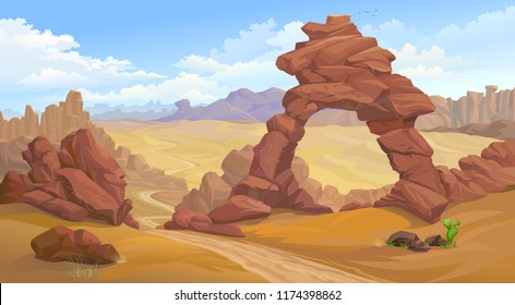 A natural arc formation in the middle of a desert. A road passing towards canyon. 