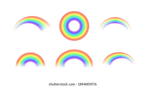 Natural arcuate phenomenon in the sky. Bright realistic arch rainbows and round halo rainbow. Fantasy symbol of good luck. Multicolor circular arc. The symbol of rain, sky, clear, nature. Vector.