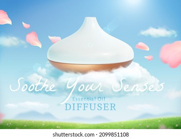 Natürlicher Aroma-Diffusor oder Luftbefeuchter und. 3D-Produktmusterung auf weißer Wolke über einem frischen grünen Grasfeld.