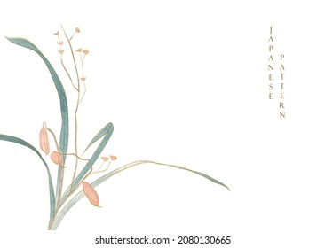 Natural art background with watercolor texture vector. Floral branch pattern with brush stroke illustration in vintage style. Pastel colorful concept. Hand drawn line elements.