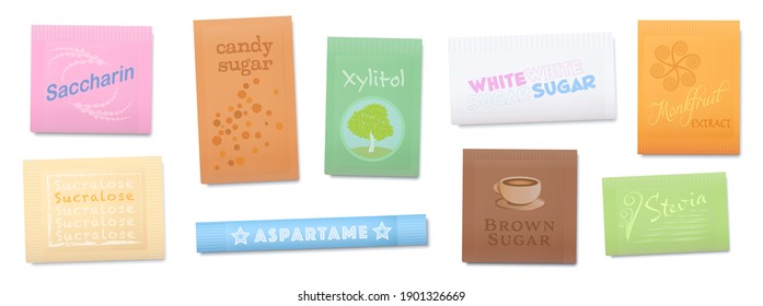 Natural or artificial sweetener, sugar substitutes with less or non calories. Saccharin, Xylitol, Sucralose, Stevia and other food additives, that enhances original food flavors. Vector on white.
