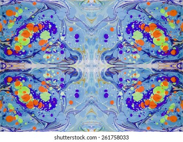 Natural artwork ebru texture, exotic abstract background. Kaleidoscope marble background.  Blue marble background. Artwork marbled paper. Unique marble texture. 