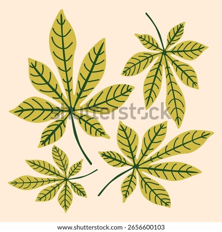 Natural autumn fall bright hand drawn background with horse chestnut leaves. Organic harvest contemporary vector illustration for cute cozy design