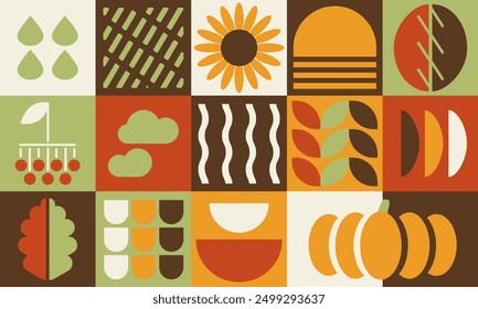 Natural autumn fall geometric background, organic harvest seamless pattern, bauhaus contemporary banner, with leaf, mushroom, chestnut, acorn, nut, pumpkin, sunflower, abstract shapes
