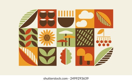 Natürliche Herbst geometrischen Hintergrund, Bio-Ernte Muster, Bauhaus zeitgenössische Banner, mit Blatt, Pilz, Kastanie, Eichel, Nuss, Kürbis, Sonnenblume, abstrakte Formen