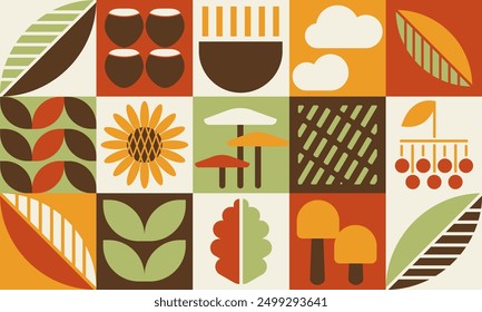 Natural autumn fall geometric background, organic harvest seamless pattern, bauhaus contemporary banner, with leaf, mushroom, chestnut, acorn, nut, pumpkin, sunflower, abstract shapes
