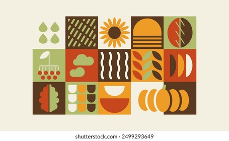 Natural autumn fall geometric background, organic harvest pattern, bauhaus contemporary banner, with leaf, mushroom, chestnut, acorn, nut, pumpkin, sunflower, abstract shapes