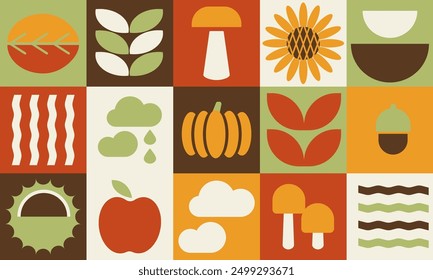 Natural autumn fall geometric background, organic harvest seamless pattern, bauhaus contemporary banner, with leaf, mushroom, chestnut, acorn, nut, pumpkin, sunflower, abstract shapes