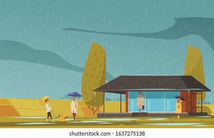 Natural autumn phenomena background with rain symbols flat vector illustration