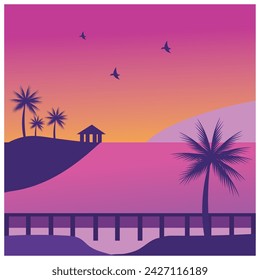 Natural background, afternoon trees and flying birds, coloring vector illustration.