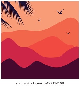 Natural background, afternoon trees and flying birds, coloring vector illustration.
