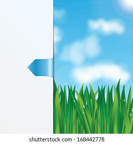 natural background.eco background.green grass with dew drops on a background of blue sky.vector