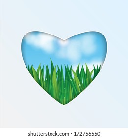 natural background.eco background.green grass with dew drops on a background of blue sky.hole in the shape of heart.vector 