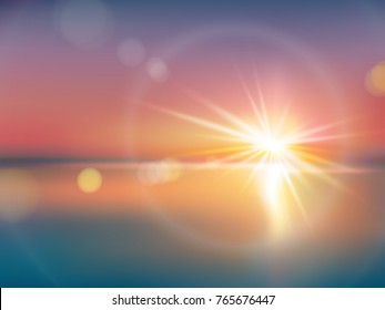 Natural background with bright sunlight, with light effect, lens flare, realistic vector illustration. Horizon with a solar flash with golden rays during sunrise or sunset