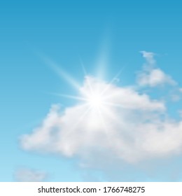 Natural background with clouds and sun on blue sky. Realistic cloud on blue backdrop. Vector illustration