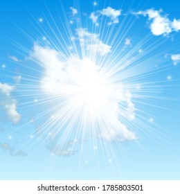 Natural background with clouds and sun on blue sky. Realistic cloud on blue backdrop. Vector illustration