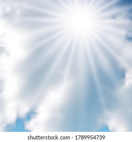 Natural background with clouds and sun on blue sky. Realistic cloud on blue backdrop. Vector illustration