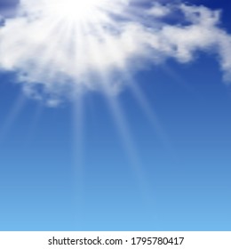 Natural background with clouds and sun on blue sky. Realistic cloud on blue backdrop. Vector illustration