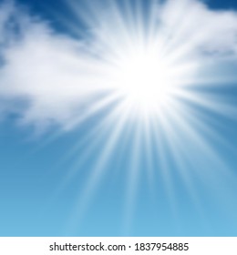 Natural background with clouds and sun on blue sky. Realistic cloud on blue backdrop. Vector illustration