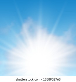 Fondo natural con nubes y sol sobre cielo azul. Nube realista sobre fondo azul. Ilustración del vector