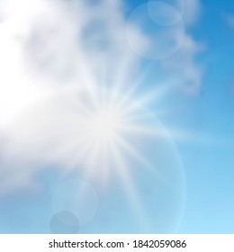 Natural background with clouds and sun on blue sky. Realistic cloud on blue backdrop. Vector illustration