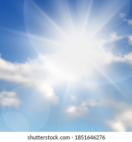 Natural background with clouds and sun on blue sky. Realistic cloud on blue backdrop. Vector illustration