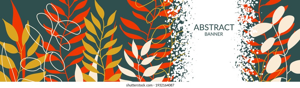 Natural background with colored leaves. Banner textured with dots with place for text. Modern flat design for packaging, advertising, congratulations, social networks. Vector illustration