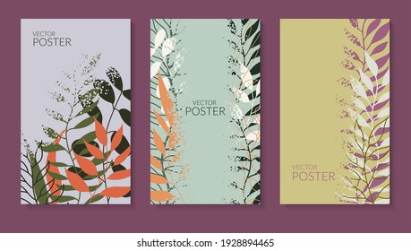 Fondo natural con hojas de colores en tonos pastel. Conjunto de carteles con puntos texturados con un lugar para el texto. Diseño plano moderno para el embalaje, publicidad, redes sociales. Vector.