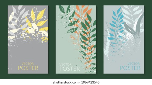 Natural background with colored leaves in pastel colors. Set of textured dotted posters with place for text. Modern flat design for packaging, advertising, social networks. Vector.