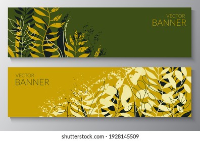 Fondo natural con hojas de color. Conjunto de banners con puntos texturados con lugar para texto. Diseño plano moderno para el embalaje, publicidad, felicitaciones, redes sociales. Ilustración del vector