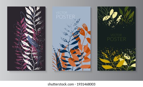 Natural background with colored leaves. Set of textured dotted posters with place for text. Modern flat design for packaging, advertising, congratulations, social networks. Vector illustration