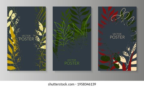 Natural background with colored leaves. Set of textured dotted posters with place for text. Modern flat design for packaging, advertising, congratulations, social networks. Vector illustration