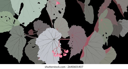 Natural background design inspired by unique serrated tropical plant leaves with pink flowers.