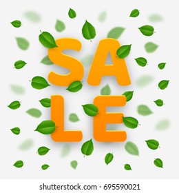 Natural background with flying green leaves and bokeh effect. Summer sale banner. Eco concept. Business backdrop with season offer. Vector design illustration.