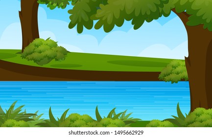 Natural background with  forest & river landscape  Vector