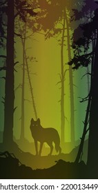 natural background with forest and wolf, vector illustration	