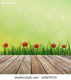 Natural background. Fresh spring green grass with red flower and wood floor. Vector illustration.