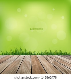 Natural background. Fresh spring green grass and wood floor. Vector illustration.