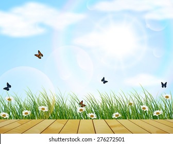 Natural background. Fresh spring green grass with flower and butterfly on the wood floor. vector
