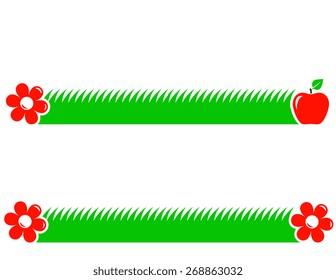 natural background with green grass, red fruit apple and flower