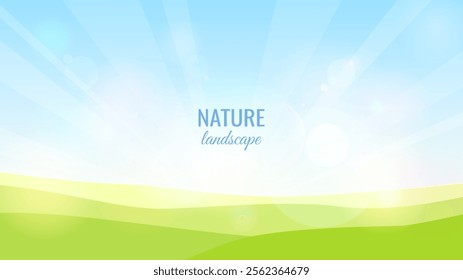 Natural background with green hills and blue sky. Spring background with bokeh effect. Blank design template with space for text. Vector illustration.