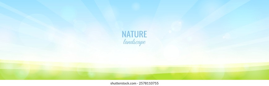 Natural background. Green hills and blue sky. Spring background with bokeh effect. Wide banner with space for text. Vector illustration.